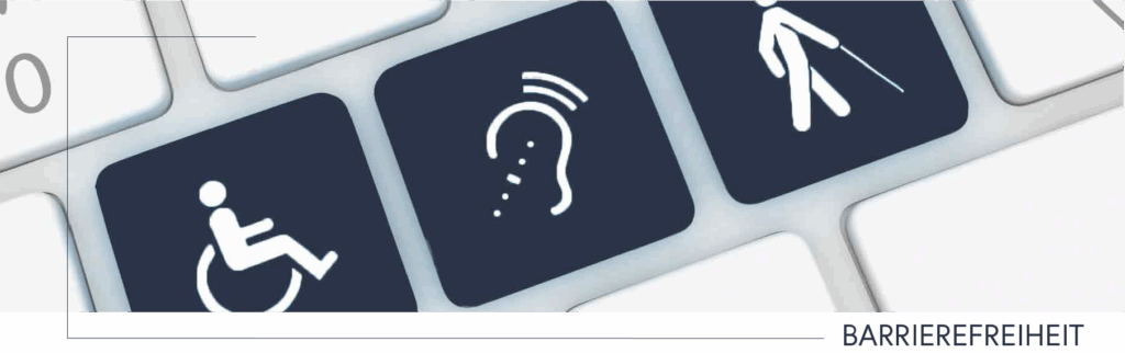 Symbolbild zur Barrierefreiheit: Drei Tasten auf einer Computertastatur mit Symbolen für körperliche, auditive und visuelle Beeinträchtigungen. Die erste Taste zeigt ein Rollstuhlsymbol, die zweite ein Ohr als Zeichen für Hörbehinderung, die dritte eine Person mit Blindenstock. Unten rechts steht das Wort ‚BARRIEREFREIHEIT